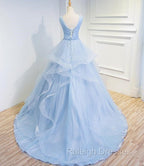 Blue Prom Dresses V-neck Ball Gown Sweep Train Party Dress, Sweet 16 Gown