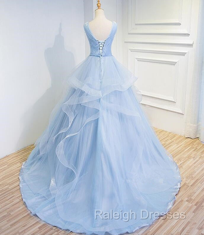 Blue Prom Dresses V-neck Ball Gown Sweep Train Party Dress, Sweet 16 Gown