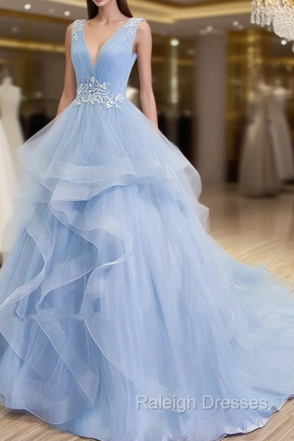 Blue Prom Dresses V-neck Ball Gown Sweep Train Party Dress, Sweet 16 Gown