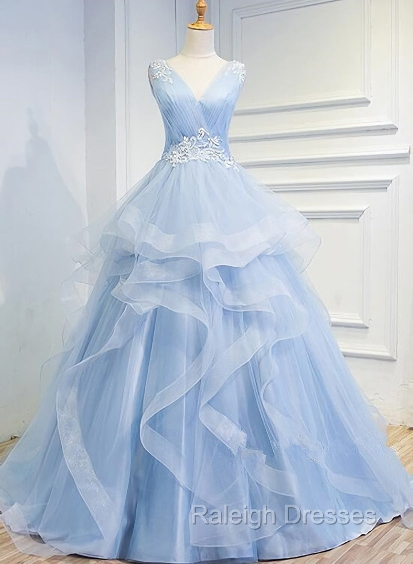 Blue Prom Dresses V-neck Ball Gown Sweep Train Party Dress, Sweet 16 Gown Main image