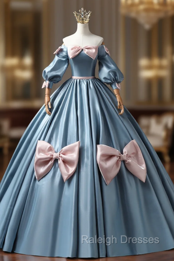 Blue Puff Sleeve Bow Quinceanera Dress