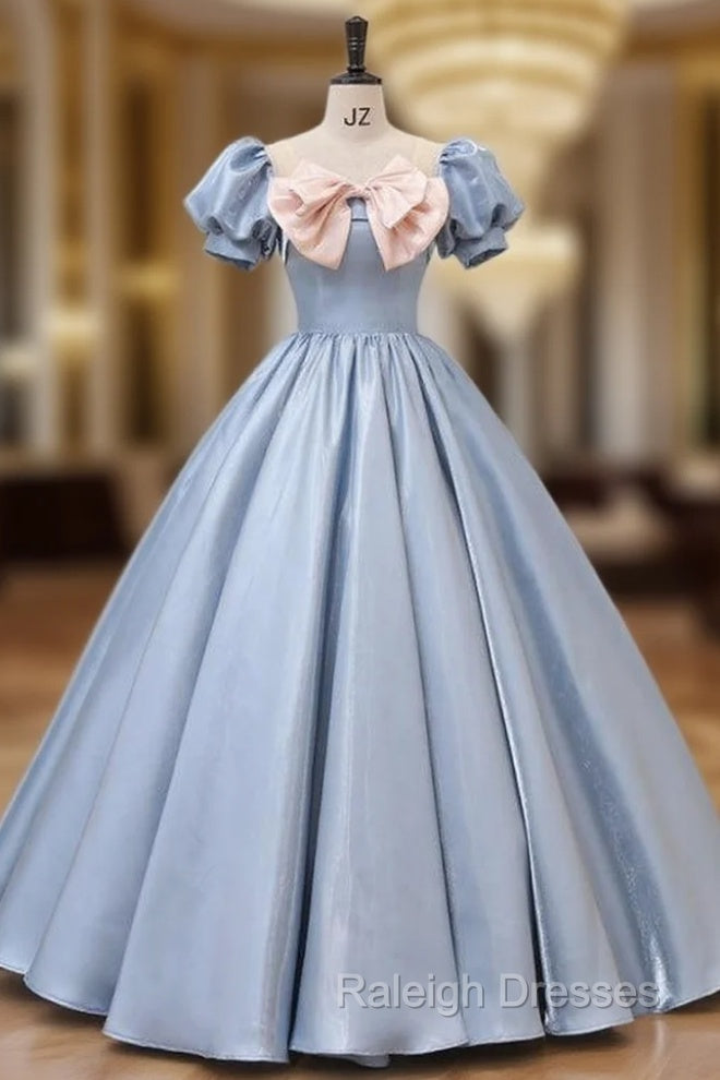 Blue Puff Sleeve Pink Bow Quinceanera Dress