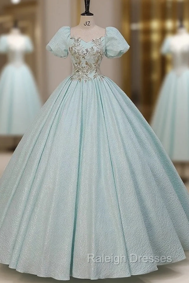Blue Puff Sleeve Sequins Appliques Quinceanera Dress