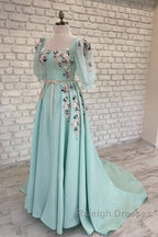 Blue Puffy Sleeve Dresses With 3D Flowers