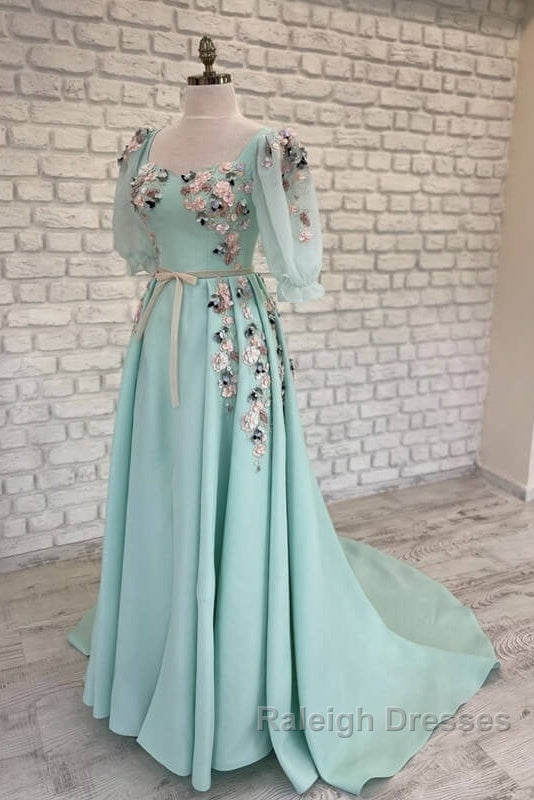 Blue Puffy Sleeve Dresses With 3D Flowers