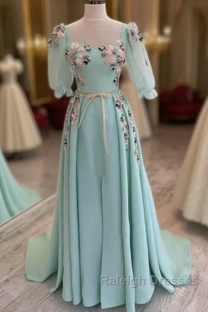 Blue Puffy Sleeve Dress With 3D Flowers Main image