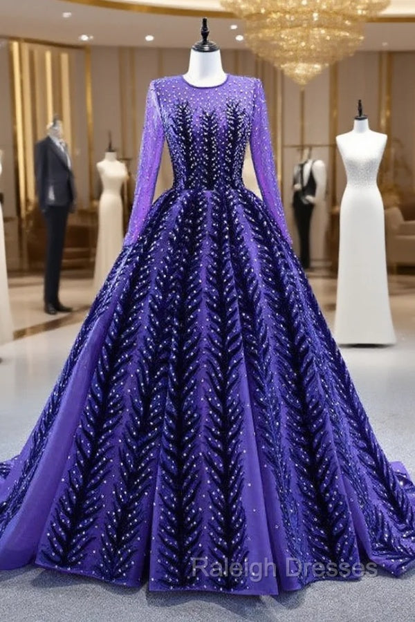 Blue Purple Tulle Beading Long Sleeve Prom Dress Main image