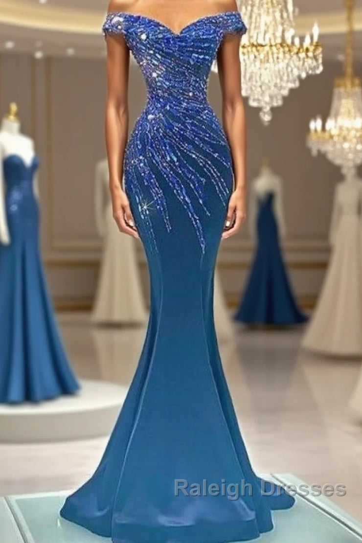 Blue Robe De Soiree Mermaid Off The Shoulder Beaded Crystals Long Prom Dresses Prom Gown Evening Dresses