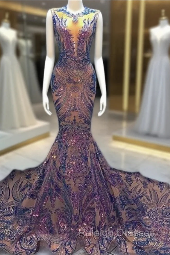 Blue Robe De Soiree Mermaid Scoop Appliques Sequins See Through Long Prom Dresses Prom Gowns Prom Dresses Main image