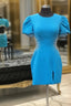 Blue Round Neck Beaded Bodycon Short Homecoming Dress with Puff Sleeves