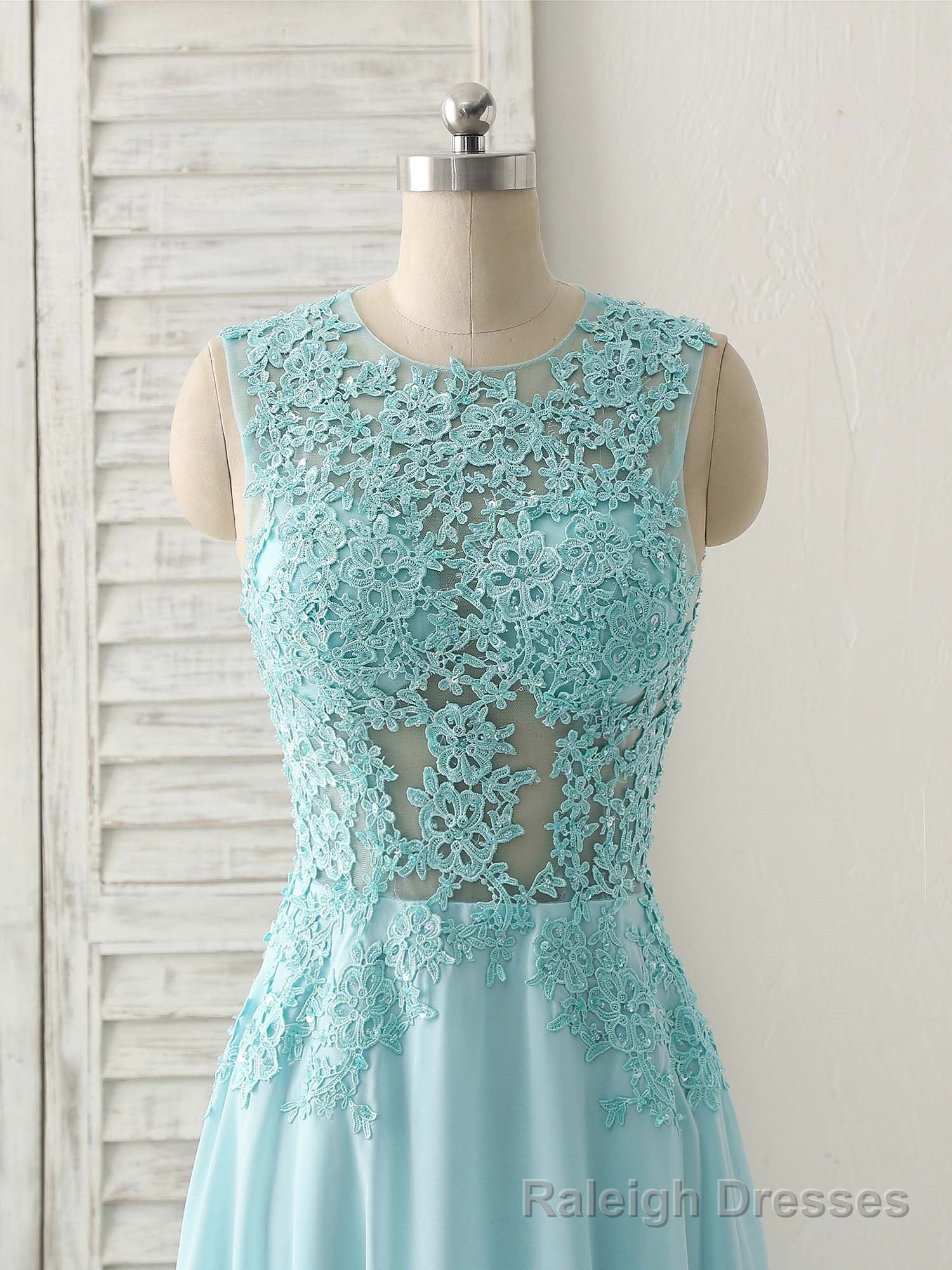 Blue Round Neck Lace Chiffon Long Prom Dress, Blue Long Formal Dresses