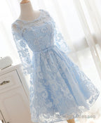 Blue Round Neck Lace Short Prom Dress, Blue Bridesmaid Dress, Homecoming Dress