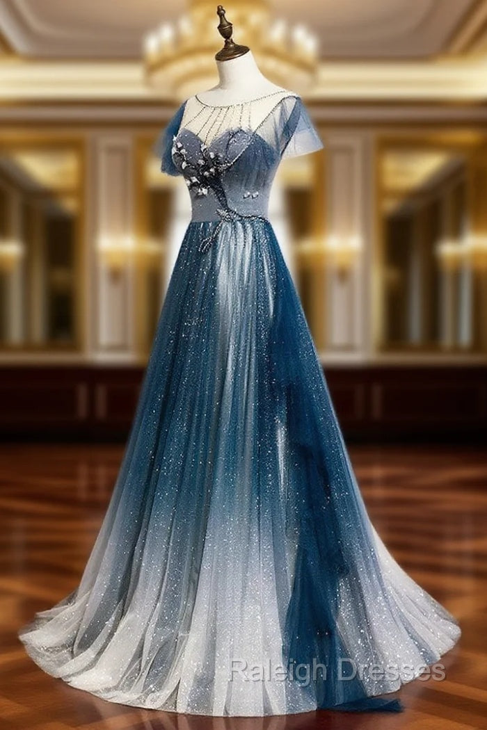 Blue Round Neck Tulle Beads Long Prom Dress, Blue Evening Dress Main image