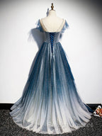 Blue Round Neck Tulle Beads Long Prom Dresses Blue Prom Dresses