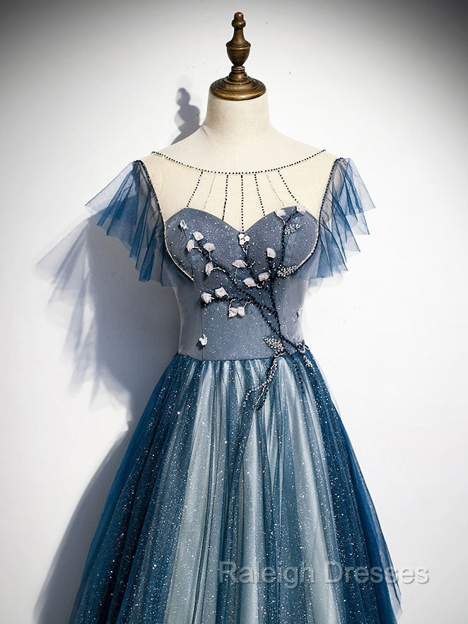 Blue Round Neck Tulle Beads Long Prom Dresses Blue Prom Dresses