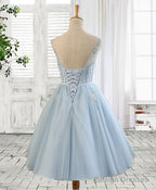 Blue Round Neck Tulle Beads Tulle Short Prom Dress, Blue Homecoming Dress