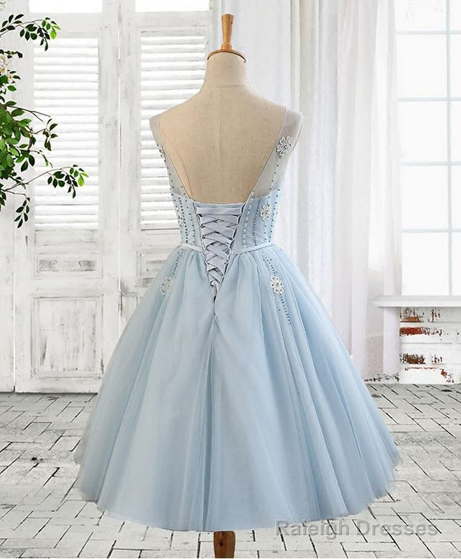 Blue Round Neck Tulle Beads Tulle Short Prom Dresses Blue Homecoming Dresses
