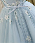 Blue Round Neck Tulle Beads Tulle Short Prom Dresses Blue Homecoming Dresses