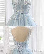 Blue Round Neck Tulle Beads Tulle Short Prom Dress, Blue Homecoming Dress