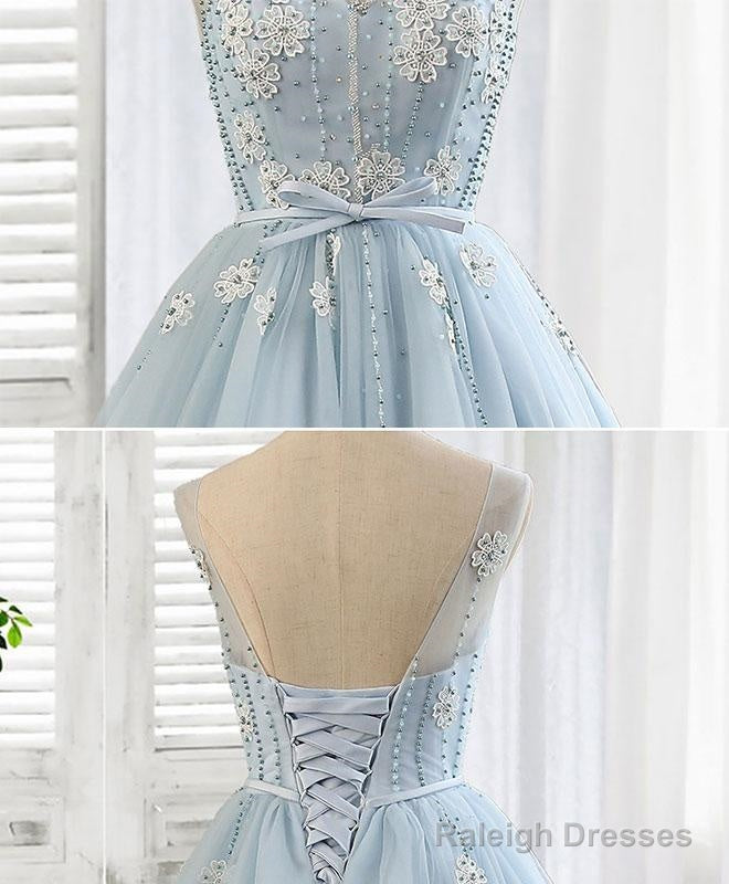 Blue Round Neck Tulle Beads Tulle Short Prom Dress, Blue Homecoming Dress