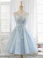 Blue Round Neck Tulle Beads Tulle Short Prom Dress, Blue Homecoming Dress