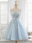 Blue Round Neck Tulle Beads Tulle Short Prom Dress, Blue Homecoming Dress