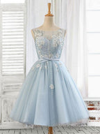 Blue Round Neck Tulle Beads Tulle Short Prom Dresses Blue Homecoming Dresses