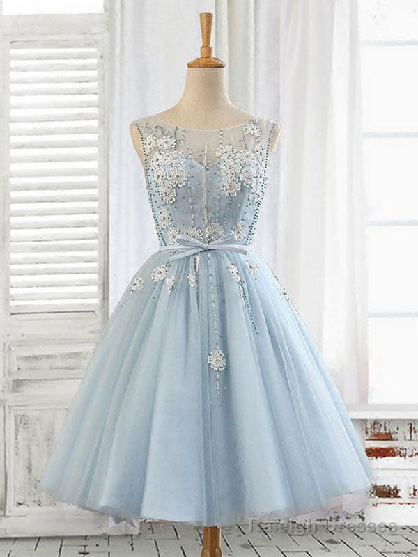 Blue Round Neck Tulle Beads Tulle Short Prom Dresses Blue Homecoming Dresses