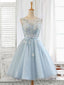 Blue Round Neck Tulle Beads Tulle Short Prom Dresses Blue Homecoming Dresses