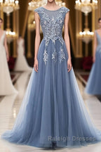 Blue round neck tulle lace applique long prom Dresses blue Prom Dresses