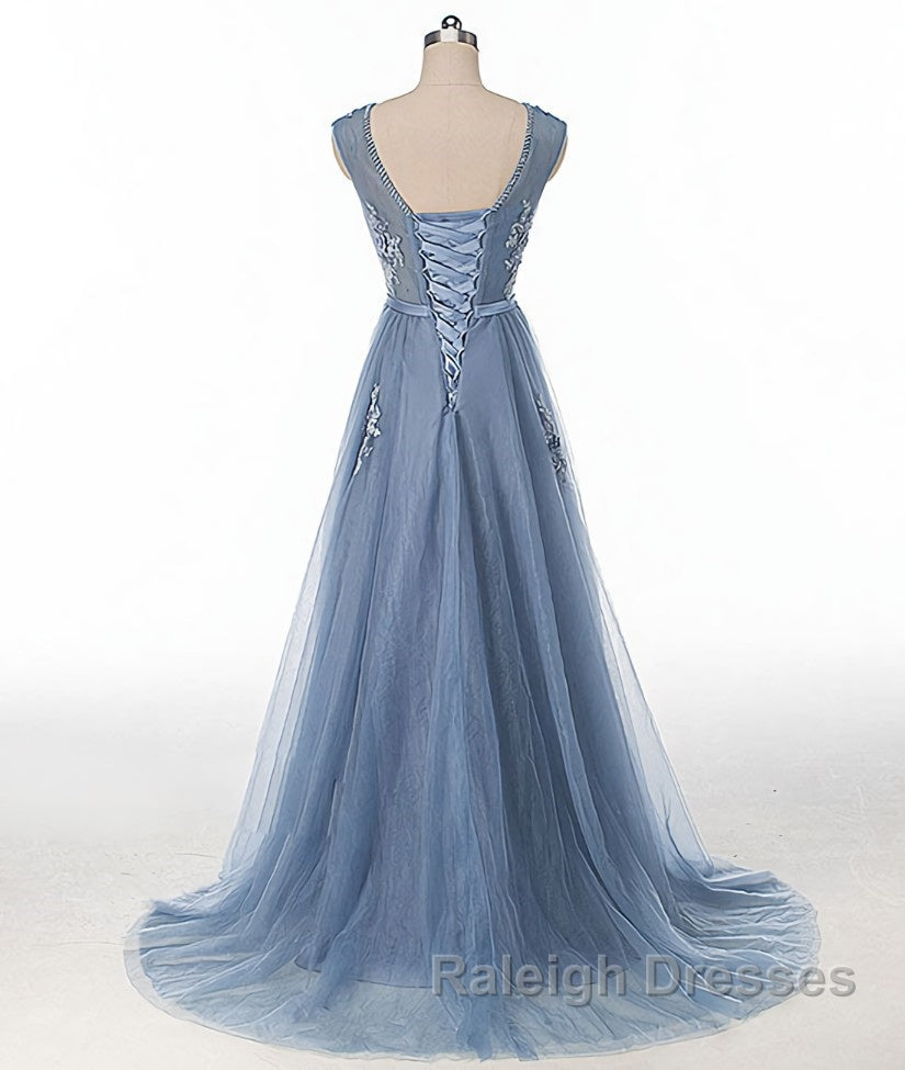 Blue round neck tulle lace applique long prom dress, blue evening dress Secondary image
