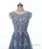 Blue round neck tulle lace applique long prom Dresses blue Prom Dresses