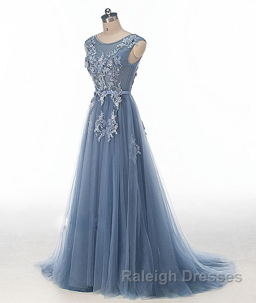 Blue round neck tulle lace applique long prom Dresses blue Prom Dresses