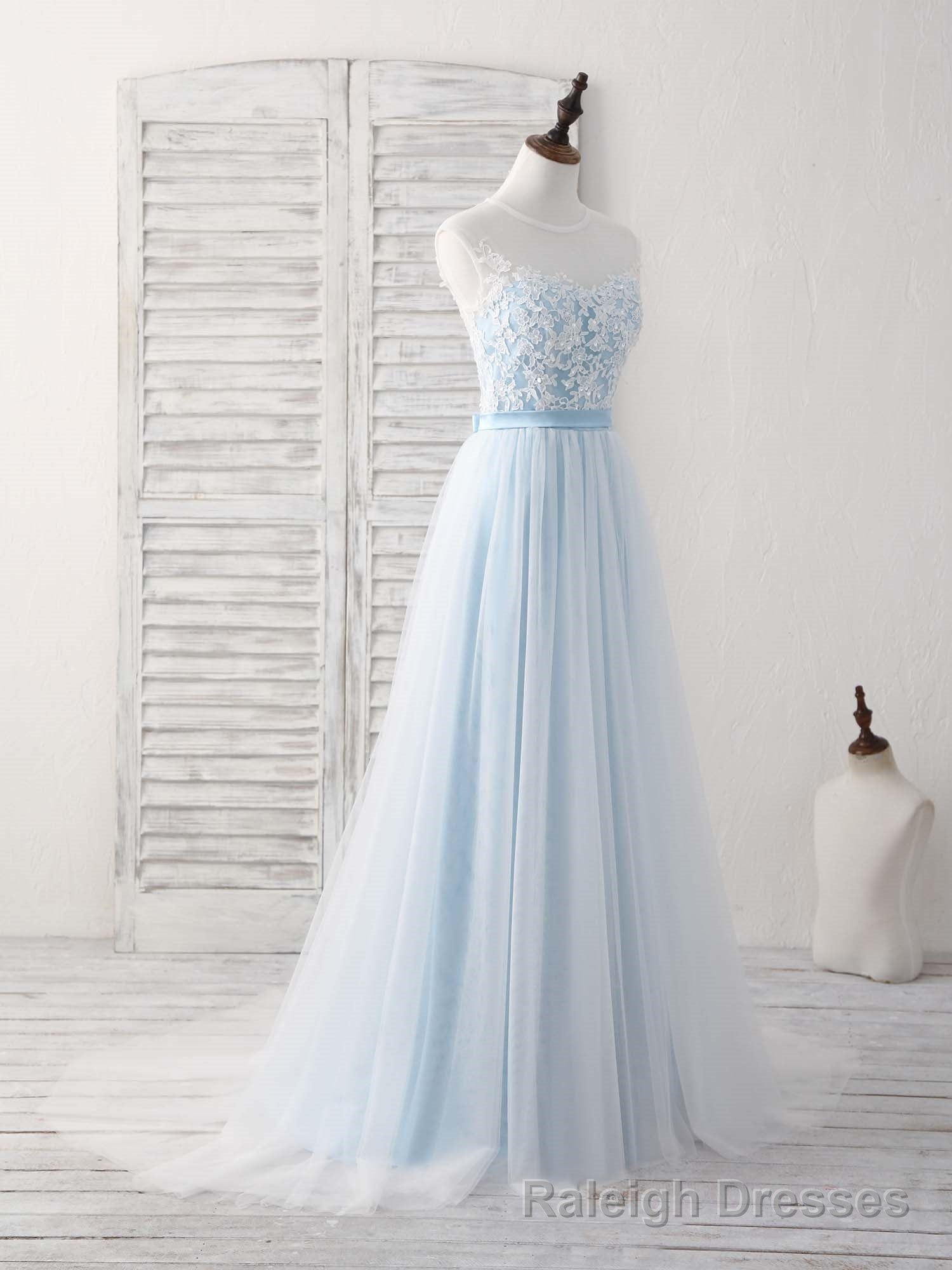 Blue Round Neck Tulle Lace Applique Long Prom Dresses Secondary image