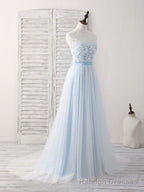 Blue Round Neck Tulle Lace Applique Long Prom Dresses