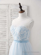 Blue Round Neck Tulle Lace Applique Long Prom Dresses
