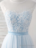 Blue Round Neck Tulle Lace Applique Long Prom Dresses
