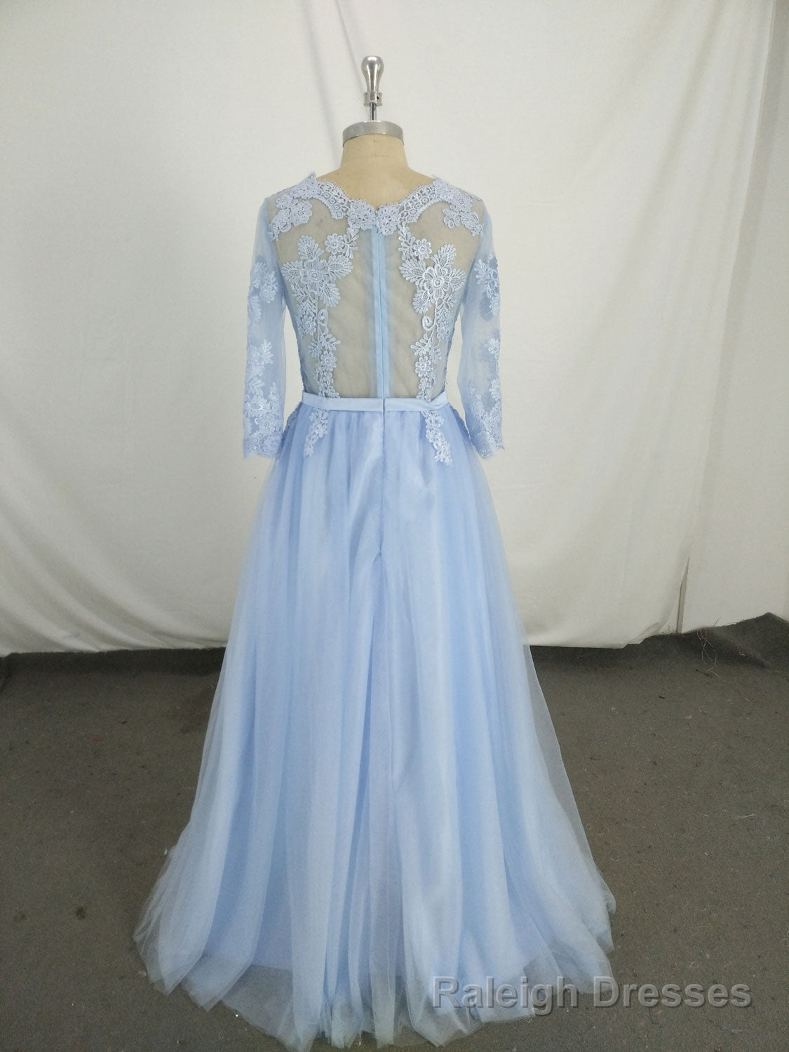 Blue Round Neck Tulle Lace Long Prom Dress, Blue Tulle Lace Evening Dress Secondary image