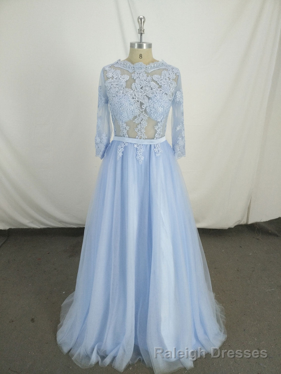 Blue Round Neck Tulle Lace Long Prom Dress, Blue Tulle Lace Evening Dress Main image