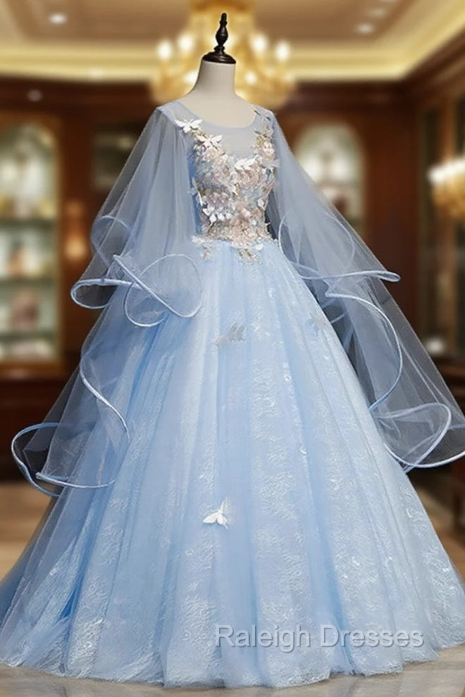 Blue Round Neck Tulle Lace Long Prom Dresses, Blue Sweet 16 Dresses Secondary image