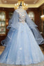 Blue Round Neck Tulle Lace Long Prom Dresses, Blue Sweet 16 Dresses