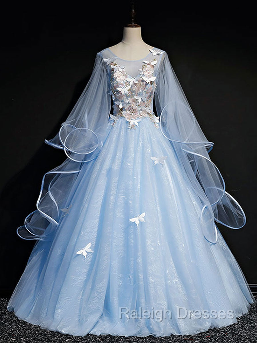 Blue Round Neck Tulle Lace Long Prom Dresses, Blue Sweet 16 Dresses Main image