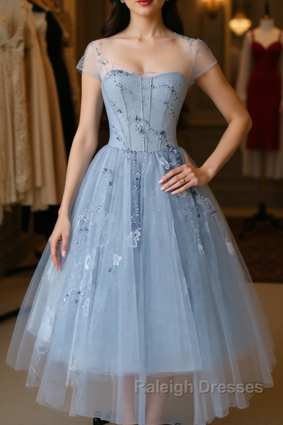 Blue round neck tulle lace short prom Dresses blue homecoming Dresses