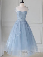 Blue round neck tulle lace short prom Dresses blue homecoming Dresses