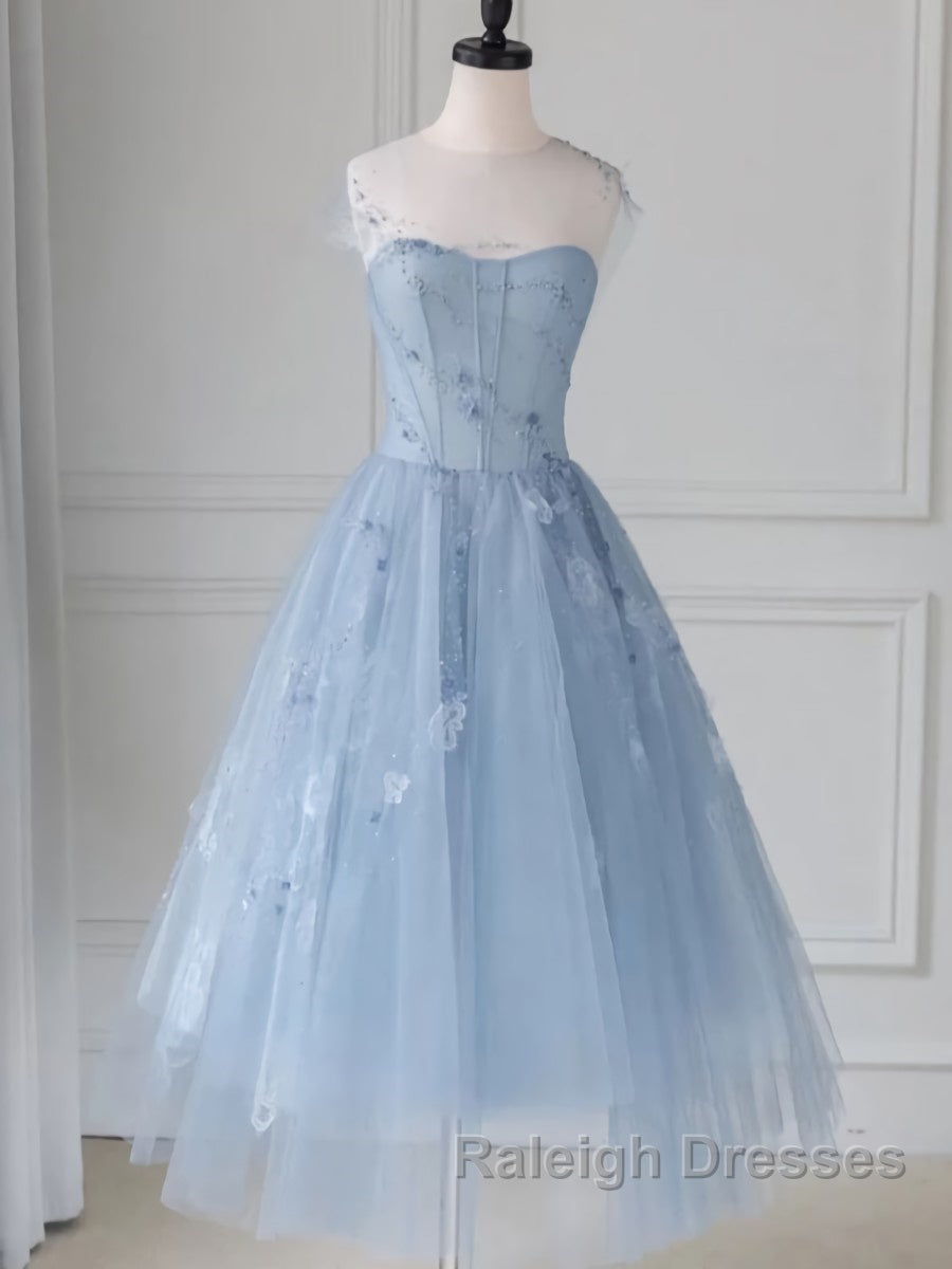 Blue round neck tulle lace short prom Dresses blue homecoming Dresses