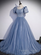 Blue Round Neck Tulle Sequin Beads Long Prom Dress, Blue Evening Dress