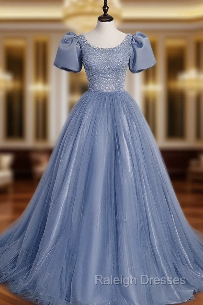 Blue Round Neck Tulle Sequin Beads Long Prom Dress, Blue Evening Dress Main image