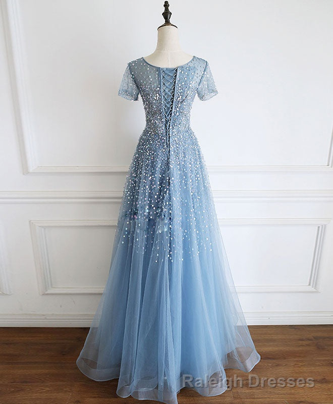 Blue Round Neck Tulle Sequin Beads Long Prom Dress Blue Tulle Formal Dress Main image