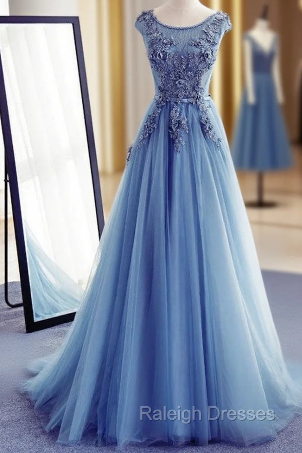 Blue Round Neckline Long Applique Elegant Senior Formal Dress, Long Party Gowns Secondary image