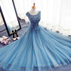 Blue Round Neckline Long Applique Elegant Senior Formal Dress, Long Party Gowns